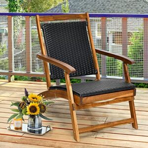 RELAX4LIFE Patio Chaise Lounge Chair - Acacia Wood Folding Rattan Wicker Chair w/Retractable Footrest, Space-Saving Ergonomic Deck Chair for Garden, Poolside, Patio