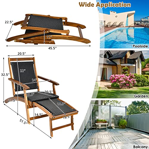 RELAX4LIFE Patio Chaise Lounge Chair - Acacia Wood Folding Rattan Wicker Chair w/Retractable Footrest, Space-Saving Ergonomic Deck Chair for Garden, Poolside, Patio