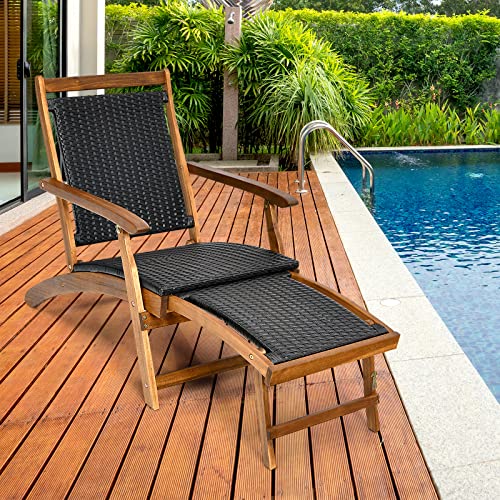 RELAX4LIFE Patio Chaise Lounge Chair - Acacia Wood Folding Rattan Wicker Chair w/Retractable Footrest, Space-Saving Ergonomic Deck Chair for Garden, Poolside, Patio