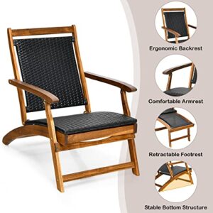 RELAX4LIFE Patio Chaise Lounge Chair - Acacia Wood Folding Rattan Wicker Chair w/Retractable Footrest, Space-Saving Ergonomic Deck Chair for Garden, Poolside, Patio