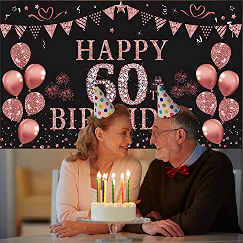 Trgowaul 60th Birthday Decorations for Women Rose Gold Birthday Backdrop Banner 5.9 X 3.6 Fts Happy Birthday Party Suppiles Photography Supplies Background Happy 60th Birthday Decoration