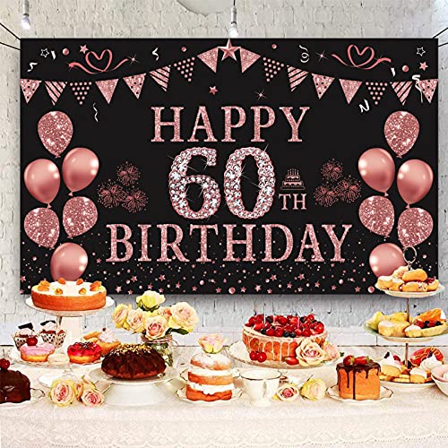 Trgowaul 60th Birthday Decorations for Women Rose Gold Birthday Backdrop Banner 5.9 X 3.6 Fts Happy Birthday Party Suppiles Photography Supplies Background Happy 60th Birthday Decoration