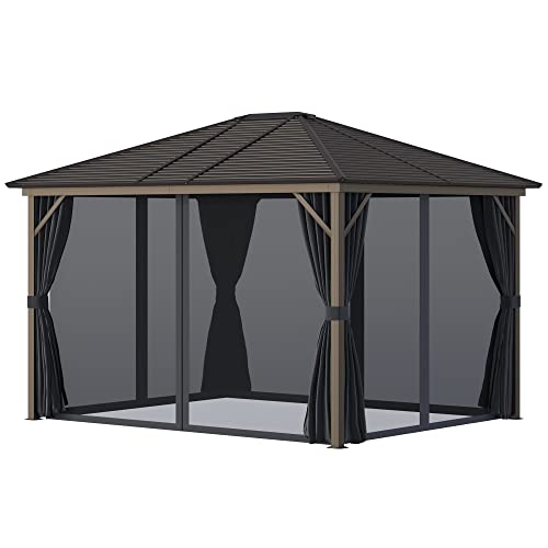 Outsunny 10' x 12' Hardtop Gazebo Canopy with Galvanized Steel Roof, Aluminum Frame, Permanent Pavilion Outdoor Gazebo with Hooks, Netting and Curtains for Patio, Garden, Backyard, Gray