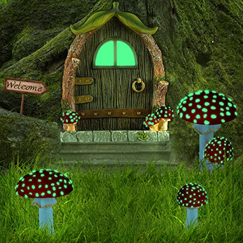 JFMAMJ Fairy Door and Mushrooms for Garden, Glow in The Dark Fairy Garden Decor Accessories, Fairy Wild Garden Accessories Resin Miniature Garden Accessories, Micro Landscape, Mushroom Statue