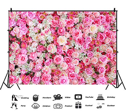 Pink Red Rose Flowers Theme Photography Backdrops 7x5ft Baby Shower Wedding Happy Birthday Day Photo Background Dessert Cake Table Decoration Supplies Studio Props Banner Vinyl