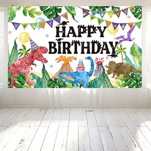 watercolor dinosaur backdrop, jungle theme happy birthday photography background, 73” x 43” extra large wall banner for boys girls kids adults indoor outdoor birthday decoration party supplies