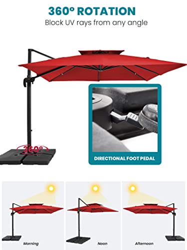 JEAREY 9FT Square Cantilever Patio Umbrella Double Top Roating Outdoor Offset Umbrella Heavy Duty Sun Umbrella for Patio Lawn Garden Backyard and Pool, RED