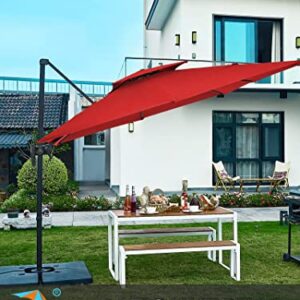 JEAREY 9FT Square Cantilever Patio Umbrella Double Top Roating Outdoor Offset Umbrella Heavy Duty Sun Umbrella for Patio Lawn Garden Backyard and Pool, RED