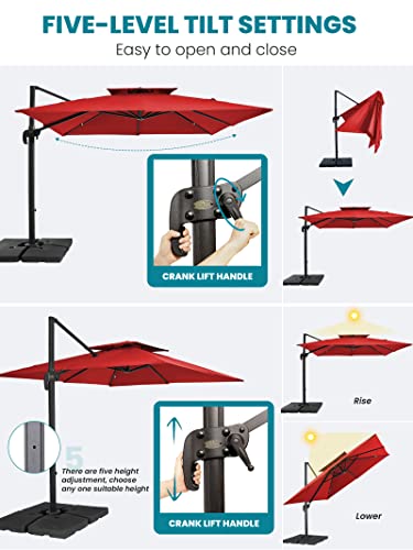 JEAREY 9FT Square Cantilever Patio Umbrella Double Top Roating Outdoor Offset Umbrella Heavy Duty Sun Umbrella for Patio Lawn Garden Backyard and Pool, RED