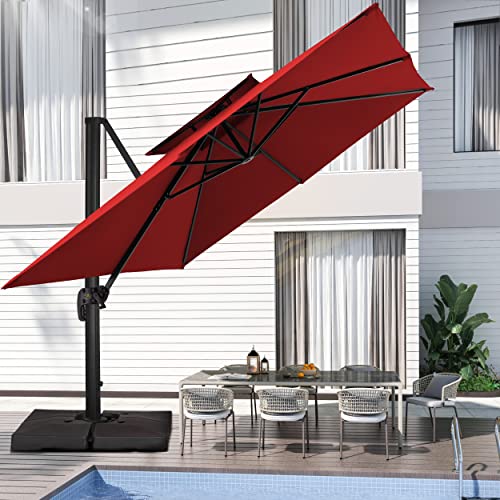 JEAREY 9FT Square Cantilever Patio Umbrella Double Top Roating Outdoor Offset Umbrella Heavy Duty Sun Umbrella for Patio Lawn Garden Backyard and Pool, RED