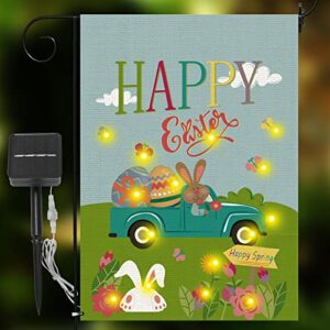 happy easter garden flag with lights solar powered double sided welcome spring outdoor decor yard flag lights rabbit lawn outdoor decoration 12.5 x 18 inch linen flag easter gift garden decor flag lights
