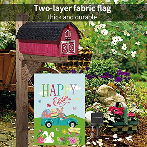 Happy Easter Garden Flag with Lights Solar Powered Double Sided Welcome Spring Outdoor Decor Yard Flag Lights Rabbit Lawn Outdoor Decoration 12.5 x 18 Inch Linen Flag Easter Gift Garden Decor Flag Lights