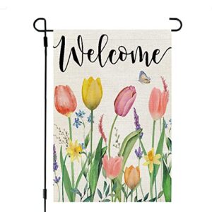 crowned beauty spring garden flag floral 12×18 inch double sided for outside tulips welcome burlap small yard holiday decoration cf743-12