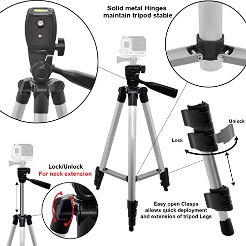 50" Aluminum Camera Tripod with Built in Bubble Level Indicator for All GoPro HERO Cameras + Tripod Mount & an eCostConnection Microfiber Cloth