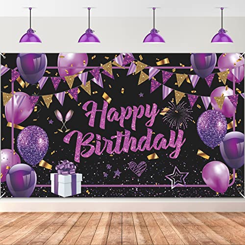 Purple Happy Birthday Banner Purple Black Gold Birthday Party Decorations Large Purple Birthday Sign Shiny Purple Black Birthday Backdrop Photo Booth Background for Women Girls 71 x 44Inch