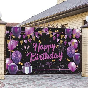 Purple Happy Birthday Banner Purple Black Gold Birthday Party Decorations Large Purple Birthday Sign Shiny Purple Black Birthday Backdrop Photo Booth Background for Women Girls 71 x 44Inch