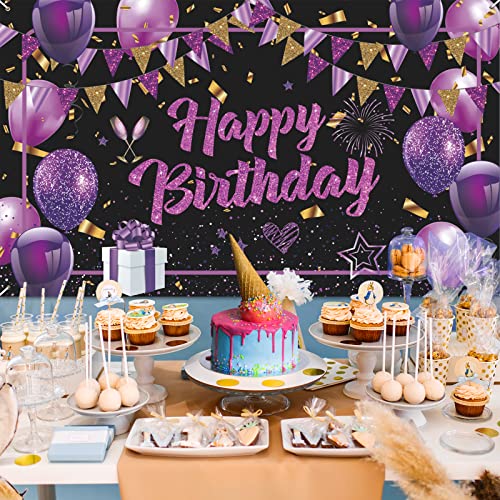 Purple Happy Birthday Banner Purple Black Gold Birthday Party Decorations Large Purple Birthday Sign Shiny Purple Black Birthday Backdrop Photo Booth Background for Women Girls 71 x 44Inch