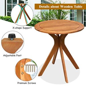 Hysache Patio Bistro Table, Wooden Round Table w/X Shape Base, Side Table for Indoor or Outdoor Use, Coffee Table for Patio, Garden, Backyard, Living Room, Teak