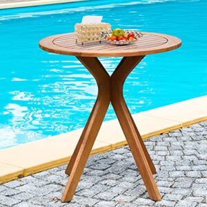 Hysache Patio Bistro Table, Wooden Round Table w/X Shape Base, Side Table for Indoor or Outdoor Use, Coffee Table for Patio, Garden, Backyard, Living Room, Teak