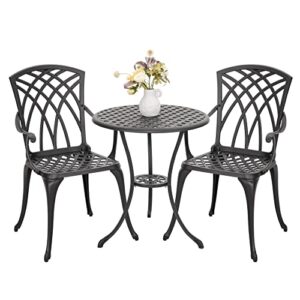 nuu garden 3 piece patio bistro table set, cast aluminum outdoor patio bistro set weather resistant chairs and table with umbrella hole for yard, balcony, black with golden powder