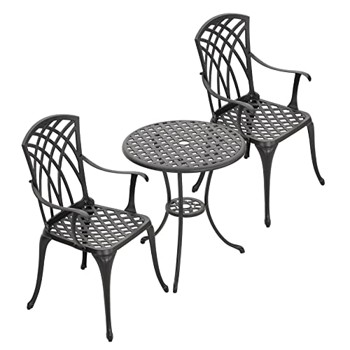 Nuu Garden 3 Piece Patio Bistro Table Set, Cast Aluminum Outdoor Patio Bistro Set Weather Resistant Chairs and Table with Umbrella Hole for Yard, Balcony, Black with Golden Powder