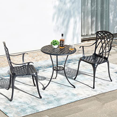 Nuu Garden 3 Piece Patio Bistro Table Set, Cast Aluminum Outdoor Patio Bistro Set Weather Resistant Chairs and Table with Umbrella Hole for Yard, Balcony, Black with Golden Powder