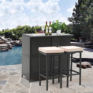 soarflash 3-piece outdoor wicker bar set, patio rattan bar height table set with stools, cushion, bistro set for poolside, garden and backyard, beige