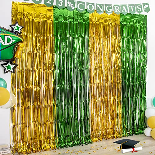 LOLStar 2 Pack Green and Gold Graduation Party Decoration 2023, 3.2x6.6 ft Foil Fringe Curtains, Tinsel Backdrop, Graduation Photo Booth Prop Streamer Backdrop for High School College University Party