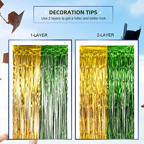 LOLStar 2 Pack Green and Gold Graduation Party Decoration 2023, 3.2x6.6 ft Foil Fringe Curtains, Tinsel Backdrop, Graduation Photo Booth Prop Streamer Backdrop for High School College University Party