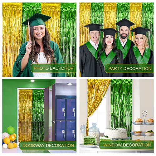 LOLStar 2 Pack Green and Gold Graduation Party Decoration 2023, 3.2x6.6 ft Foil Fringe Curtains, Tinsel Backdrop, Graduation Photo Booth Prop Streamer Backdrop for High School College University Party
