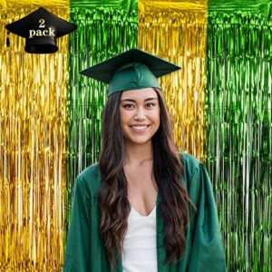 LOLStar 2 Pack Green and Gold Graduation Party Decoration 2023, 3.2x6.6 ft Foil Fringe Curtains, Tinsel Backdrop, Graduation Photo Booth Prop Streamer Backdrop for High School College University Party