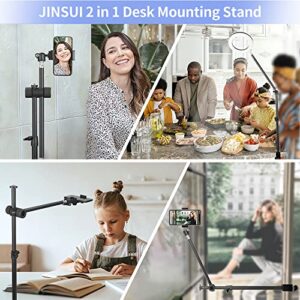 JINSUI Overhead Phone Mount with Holding Arm, Adjustable Camera Desk Mount with Phone Holder and 360° Ball Head, Table C-Clamp Mount Stand for Webcam, Light, Video Recording, Live Streaming