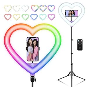 dixie & charli 13″ heart shaped color led ring light cell phone holder with 63″ tripod stand and wireless remote