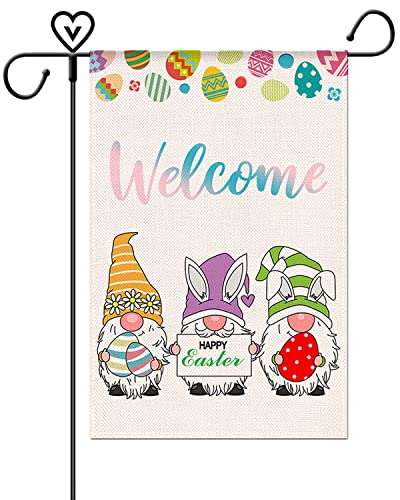 THYMEIF Welcome Gnomes Garden Flag Easter Flag Vertical Double Sized Premium Spring Bunny Yard Flags for Home Outdoor Decorations 12.5 x 18.7 Inch