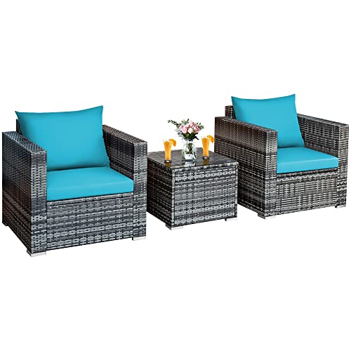 DORTALA 3 PCS Patio Wicker Bistro Set, Outdoor Rattan Sofa Set, Conversation Furniture w/Washable Cushion, Tempered Glass Top Table, Backyard Rattan Sofa Chair for Garden Poolside Balcony, Turquoise