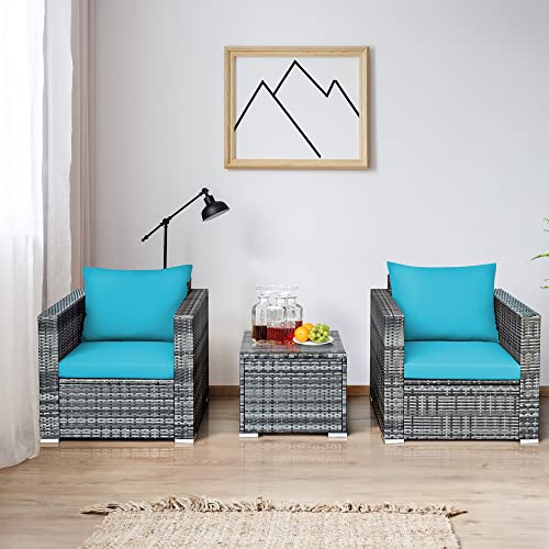 DORTALA 3 PCS Patio Wicker Bistro Set, Outdoor Rattan Sofa Set, Conversation Furniture w/Washable Cushion, Tempered Glass Top Table, Backyard Rattan Sofa Chair for Garden Poolside Balcony, Turquoise