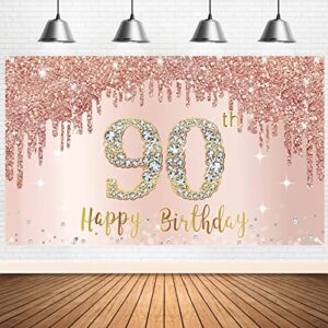 happy 90th birthday banner backdrop decorations for women, rose gold 90 birthday party sign supplies, pink 90 year old birthday poster background photo booth props decor