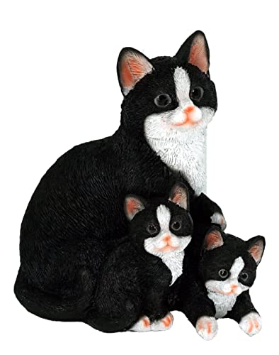 Gojoamoy Mama Cat and Kitten Statue Figurine, Black Precious Tabby Cat Garden Statues for Indoor Outdoor Decor, Patio Lawn Realistic Cat Sculptures Cute Flower Bed Ornament