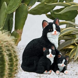 Gojoamoy Mama Cat and Kitten Statue Figurine, Black Precious Tabby Cat Garden Statues for Indoor Outdoor Decor, Patio Lawn Realistic Cat Sculptures Cute Flower Bed Ornament