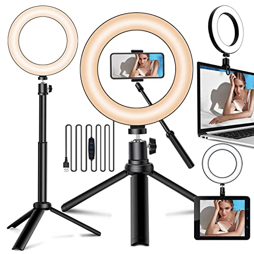 Selfie Ring Light for Zoom Meeting, Dimmable Desktop LED Circle Light with Tripod Stand, 8'' Lighting Kit Gifts for Live Streaming/Laptop Video Conference/Makeup/YouTube/Vlog/Video Recording