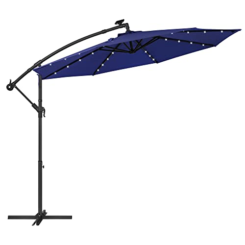 SONGMICS 10 ft Cantilever Patio Umbrella with Solar-Powered LED Lights, Outdoor Offset Umbrella with Base, Pool Garden Deck, Crank for Opening Closing, Water-Repellent, UPF 50+, Navy Blue UGPU118L01