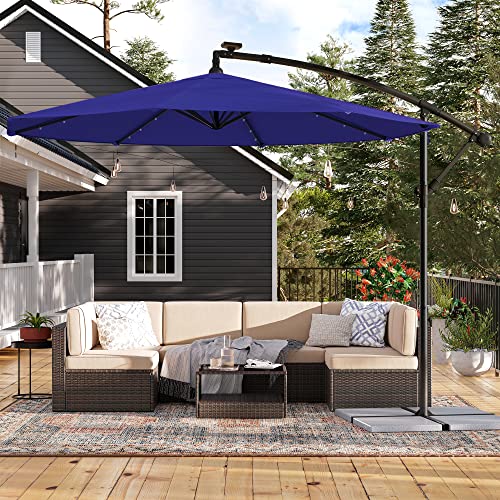 SONGMICS 10 ft Cantilever Patio Umbrella with Solar-Powered LED Lights, Outdoor Offset Umbrella with Base, Pool Garden Deck, Crank for Opening Closing, Water-Repellent, UPF 50+, Navy Blue UGPU118L01