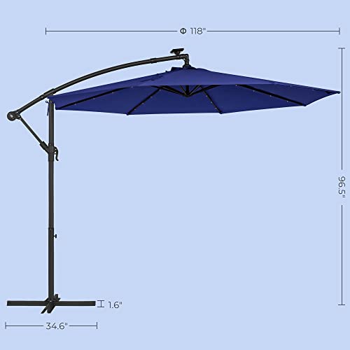 SONGMICS 10 ft Cantilever Patio Umbrella with Solar-Powered LED Lights, Outdoor Offset Umbrella with Base, Pool Garden Deck, Crank for Opening Closing, Water-Repellent, UPF 50+, Navy Blue UGPU118L01