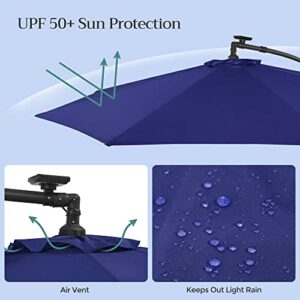 SONGMICS 10 ft Cantilever Patio Umbrella with Solar-Powered LED Lights, Outdoor Offset Umbrella with Base, Pool Garden Deck, Crank for Opening Closing, Water-Repellent, UPF 50+, Navy Blue UGPU118L01