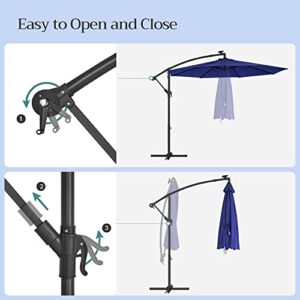 SONGMICS 10 ft Cantilever Patio Umbrella with Solar-Powered LED Lights, Outdoor Offset Umbrella with Base, Pool Garden Deck, Crank for Opening Closing, Water-Repellent, UPF 50+, Navy Blue UGPU118L01