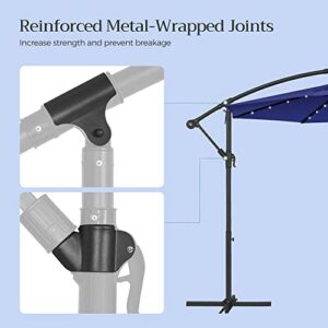 SONGMICS 10 ft Cantilever Patio Umbrella with Solar-Powered LED Lights, Outdoor Offset Umbrella with Base, Pool Garden Deck, Crank for Opening Closing, Water-Repellent, UPF 50+, Navy Blue UGPU118L01