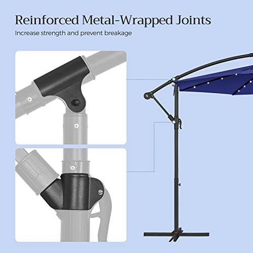 SONGMICS 10 ft Cantilever Patio Umbrella with Solar-Powered LED Lights, Outdoor Offset Umbrella with Base, Pool Garden Deck, Crank for Opening Closing, Water-Repellent, UPF 50+, Navy Blue UGPU118L01