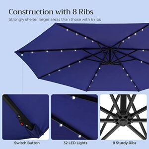 SONGMICS 10 ft Cantilever Patio Umbrella with Solar-Powered LED Lights, Outdoor Offset Umbrella with Base, Pool Garden Deck, Crank for Opening Closing, Water-Repellent, UPF 50+, Navy Blue UGPU118L01