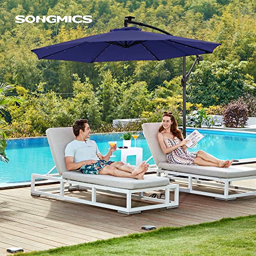 SONGMICS 10 ft Cantilever Patio Umbrella with Solar-Powered LED Lights, Outdoor Offset Umbrella with Base, Pool Garden Deck, Crank for Opening Closing, Water-Repellent, UPF 50+, Navy Blue UGPU118L01