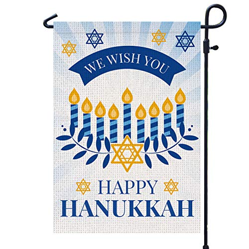 Happy Hanukkah Garden Flag Double Sided Burlap Flag for December Chanukah Decoration - Menorah Star of David Jewish Holiday Garden Outdoor & Yard Decoration Flag (12x18 Inch)